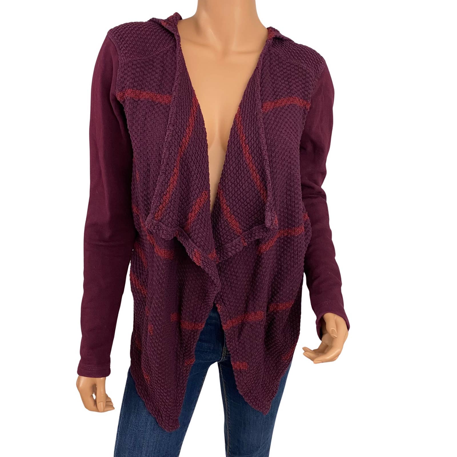 Lucky Brand Maroon Hooded Stripe Waterfall Open Cardigan - Size Medium